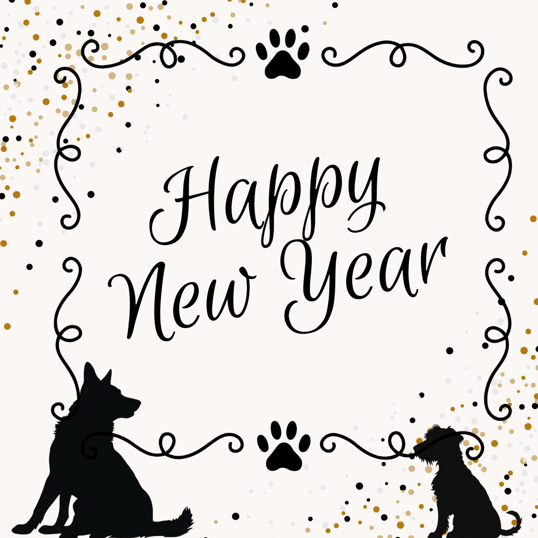 A New Year greeting card with "Happy New Year" written in stylish script, surrounded by decorative swirls, paw prints, and golden confetti. Two black silhouettes of dogs sit in the bottom corners against a light beige background.