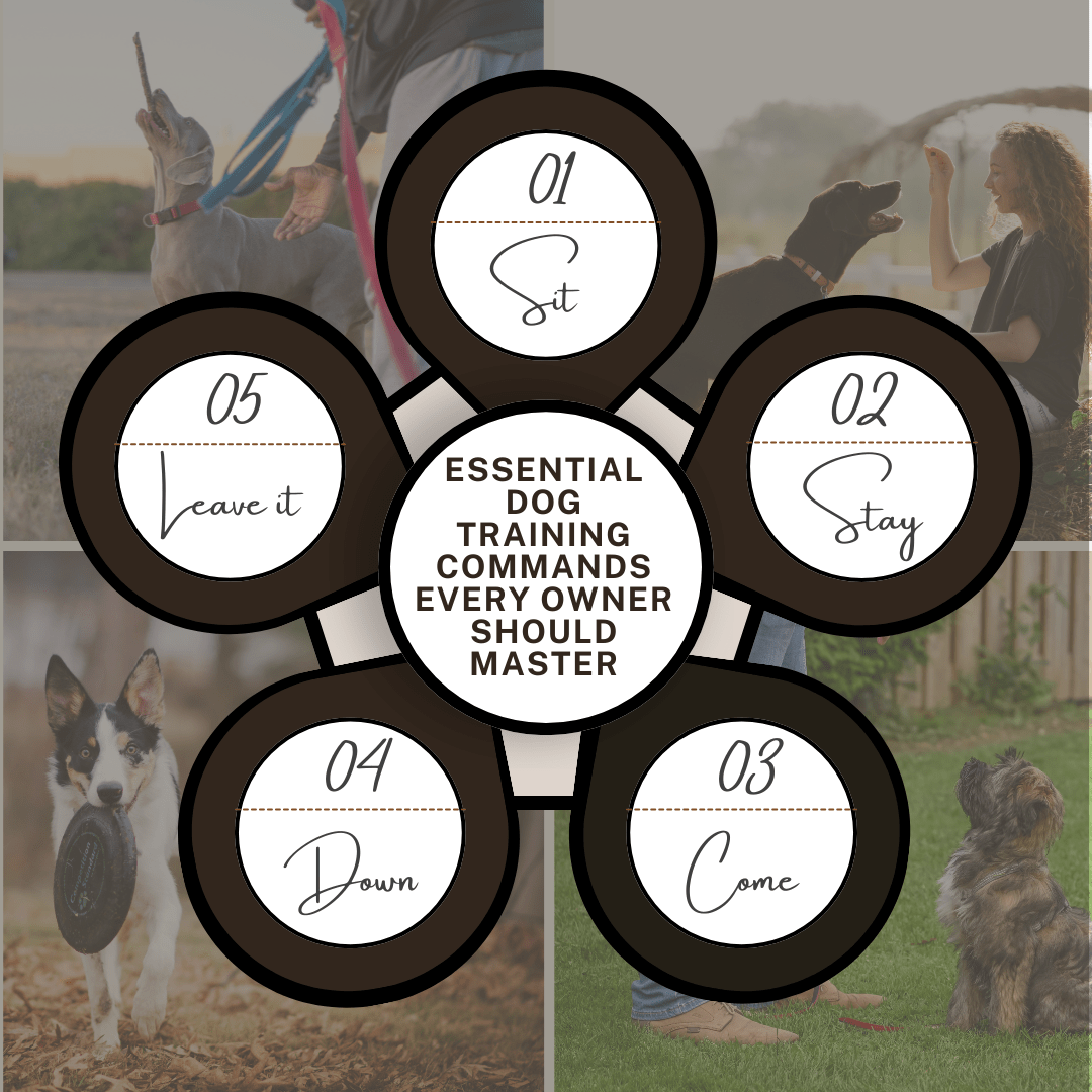 An infographic titled "Essential Dog Training Commands Every Owner Should Master" features five circular sections connected in a paw-shaped design. Each section lists a basic dog training command: "Sit," "Stay," "Come," "Down," and "Leave it." The background consists of four images of dogs being trained in various outdoor settings.